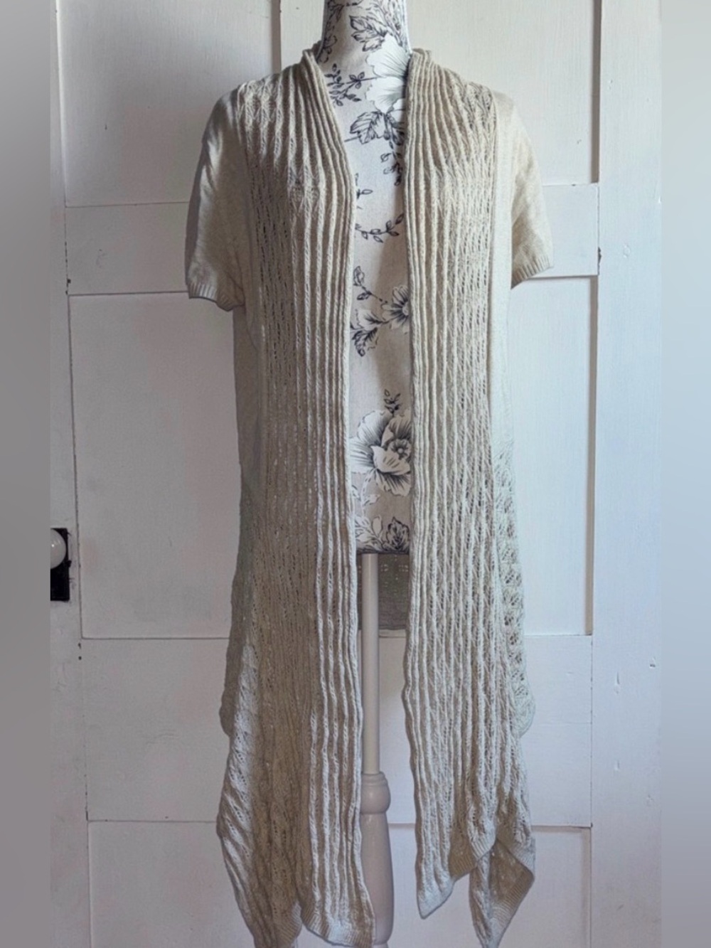 Christopher & Banks Tan Fall Sweater Open Front Knit Short Sleeve Duster Medium